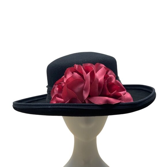 WPL 5825 Accessories - Black Wool Hat With Wide Brim & Pink Fabric Flower Accent